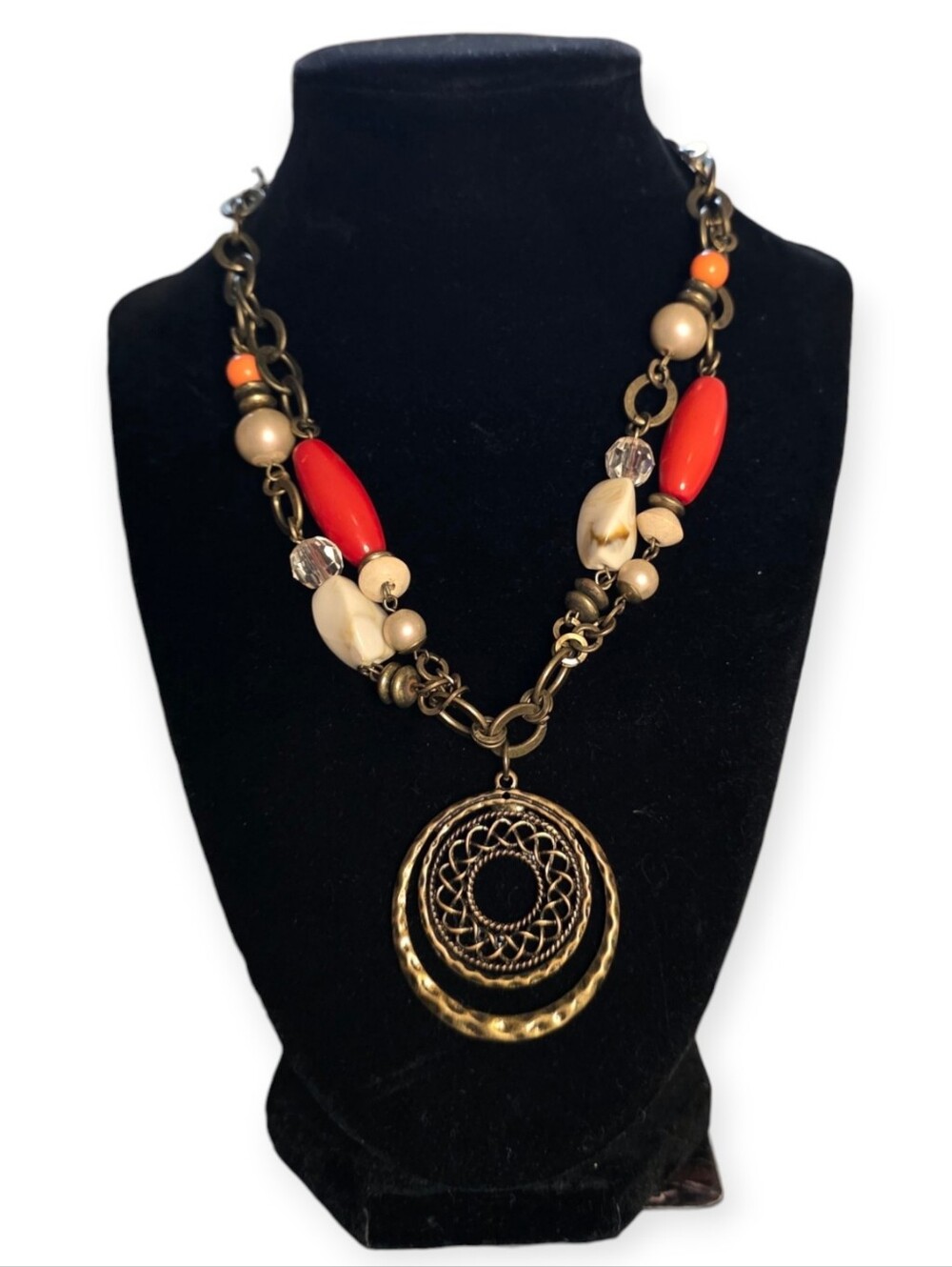 Ruby Rd Stamped Bronze Tone Pendant Necklace Red Coral Beads 16" + 2.5" Extender